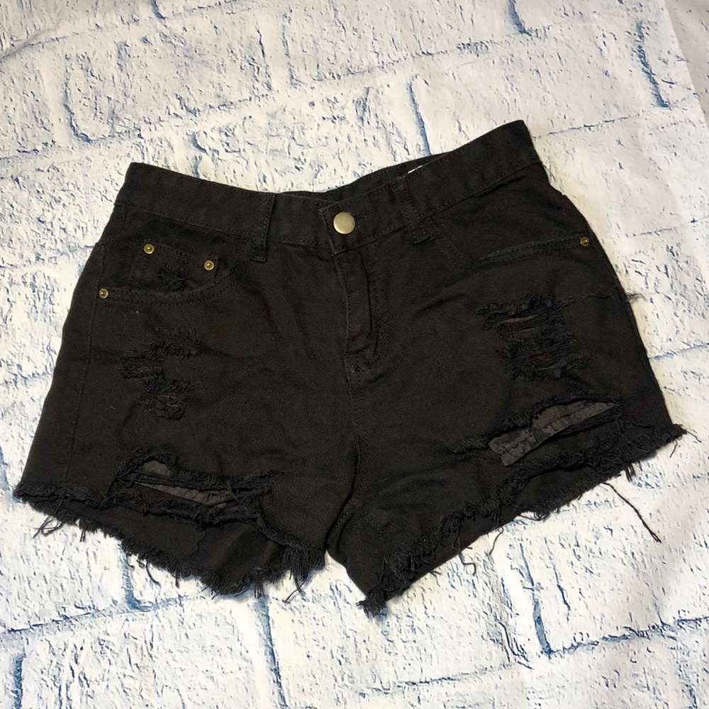 SHEIN distressed black denim shorts. Size small.